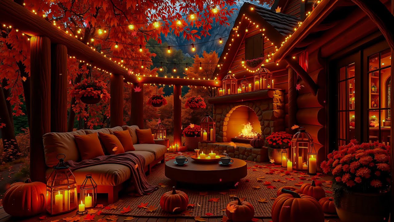 Peaceful Fall Porch 🔥🍂 | Natural Night Sounds & Crackling Fireplace for Calm, Cozy Relaxation