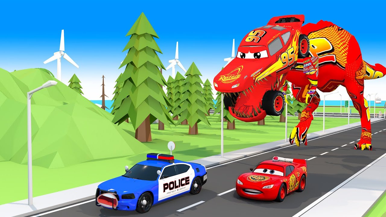 Dinosaur McQueen Chasing Police Car & McQueen – Epic Chase Battle! Who Will Win???