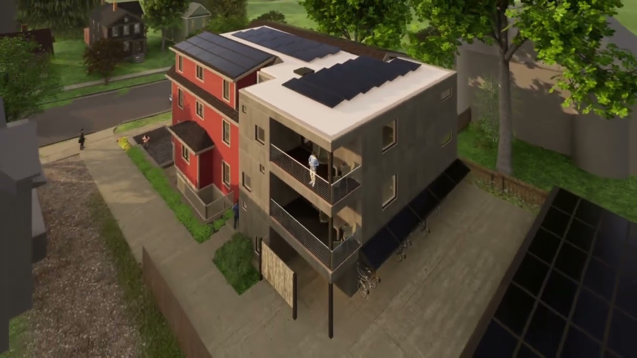 Flyover view of The Bridge, solar-powered quadplex coming to Ann Arbor