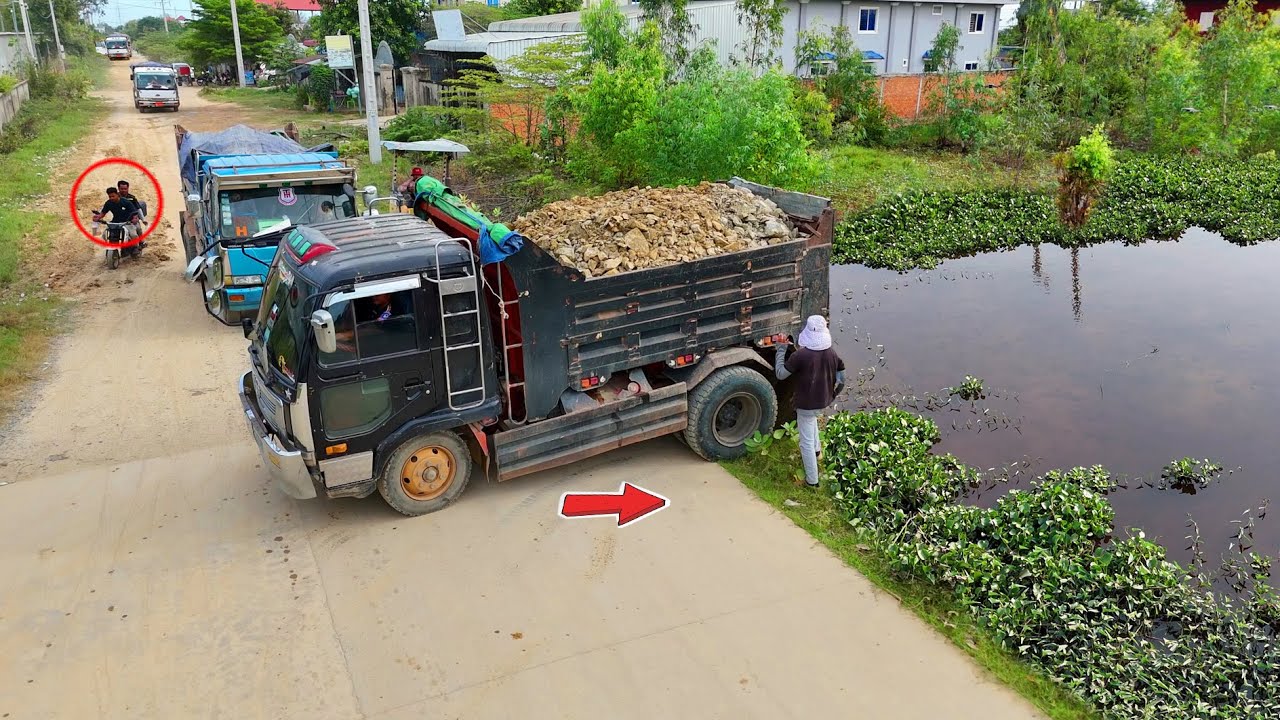 OMG!.. Started Incredible Fill Land Task! Dump Truck Dumping Stone & Expert Dozer D20P Pushing Soil