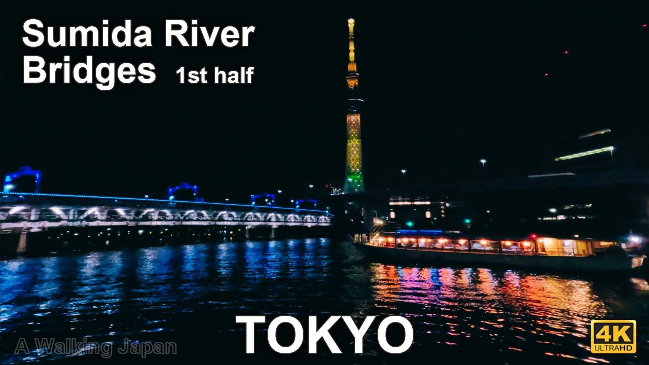 Night walking tour of Sumida River illuminated bridges (1st half) at Tokyo, Japan 2025.