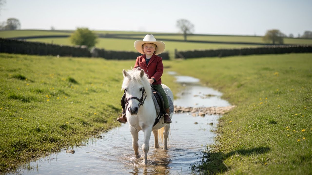 Toddler Riding a White Pony Through Shallow Water 🐎💦 | Real Daytime Farm Life