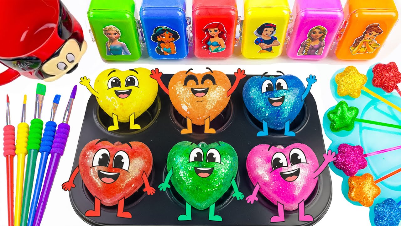 Disney Princess ASMR 🌈 Glitter Heart Clay Slime Coloring Paint Rainbow Candy Satisfying ASMR