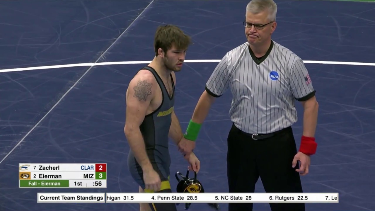 141lbs Jaydin Eierman (Missouri) fall Brock Zacherl (Clarion)