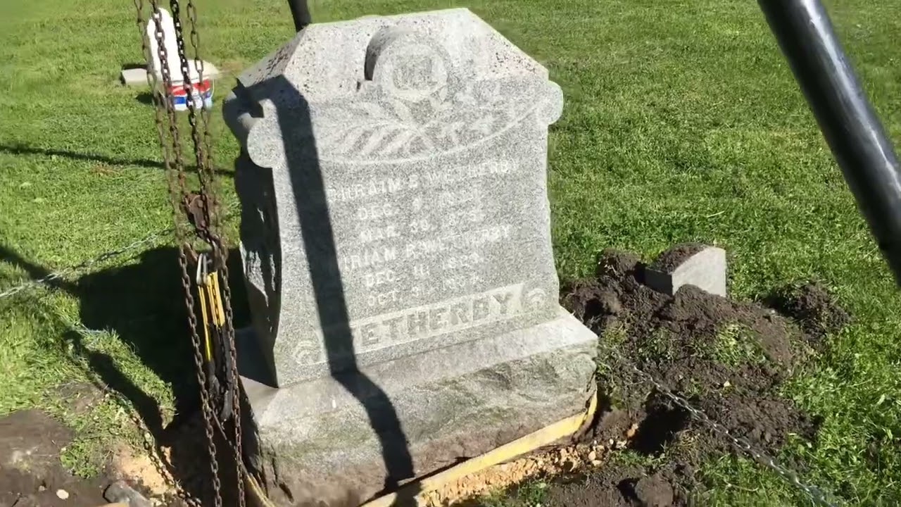 Leveling & plumbing the Wetherby gravestone with tripod chain hoist