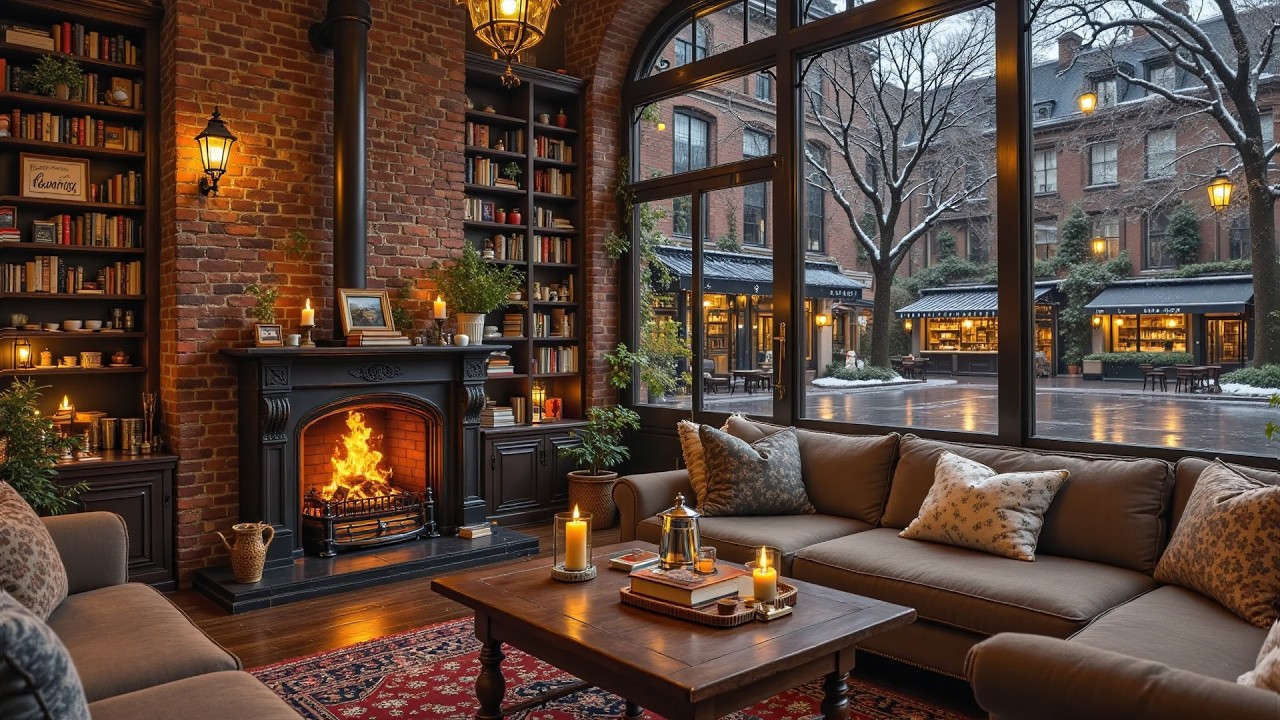 Rainy Coffee Shop Ambience ☕🌧️ Relaxing Jazz Piano & Fireplace Sounds for Study & Work