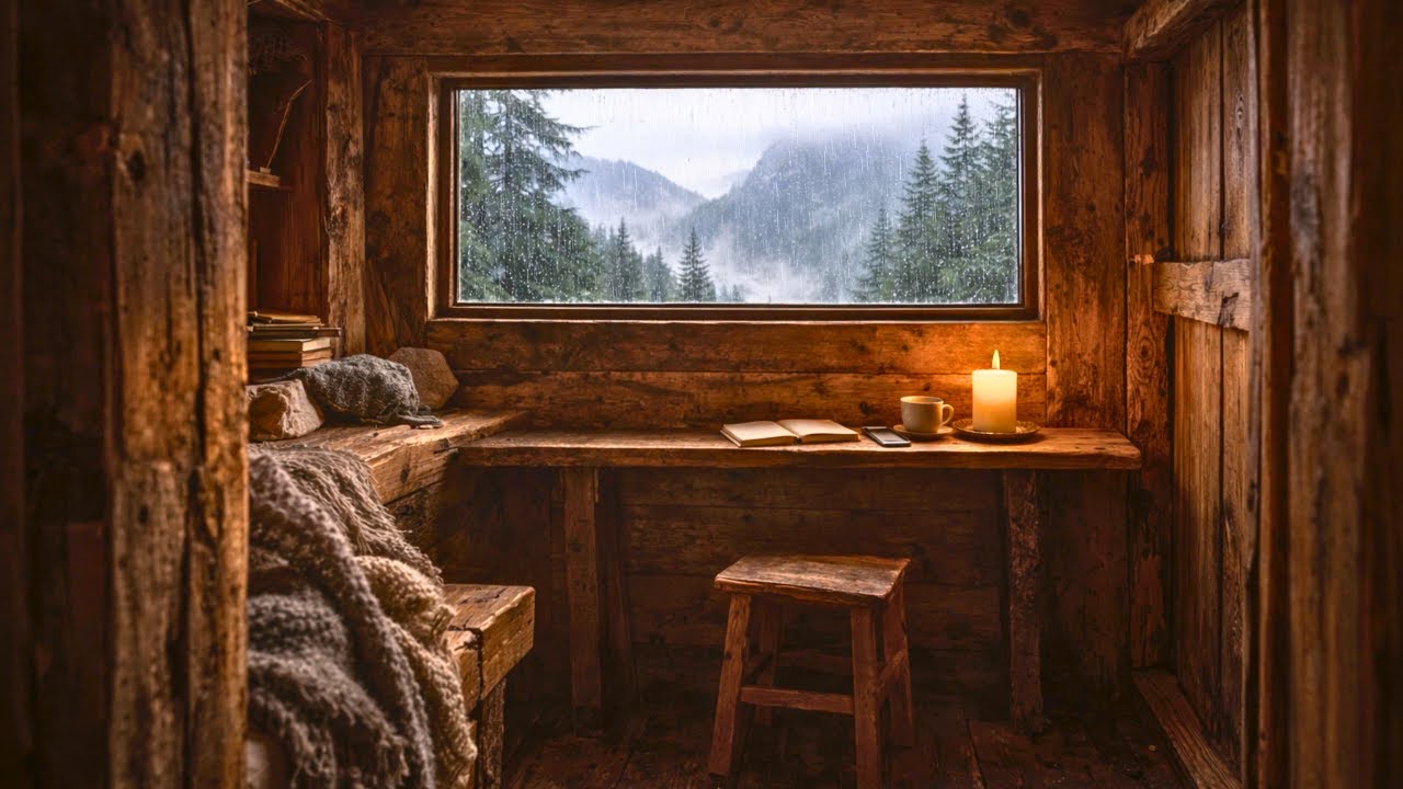 Rainy Treehouse Writing Nook Ambience | Cozy Desk, Candlelight & Forest Rain (4K)