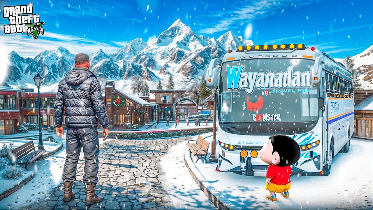 GTA 5: Franklin & Shinchan Going To A Trip SNOW CITY Wayanadan Bus in Gta 5