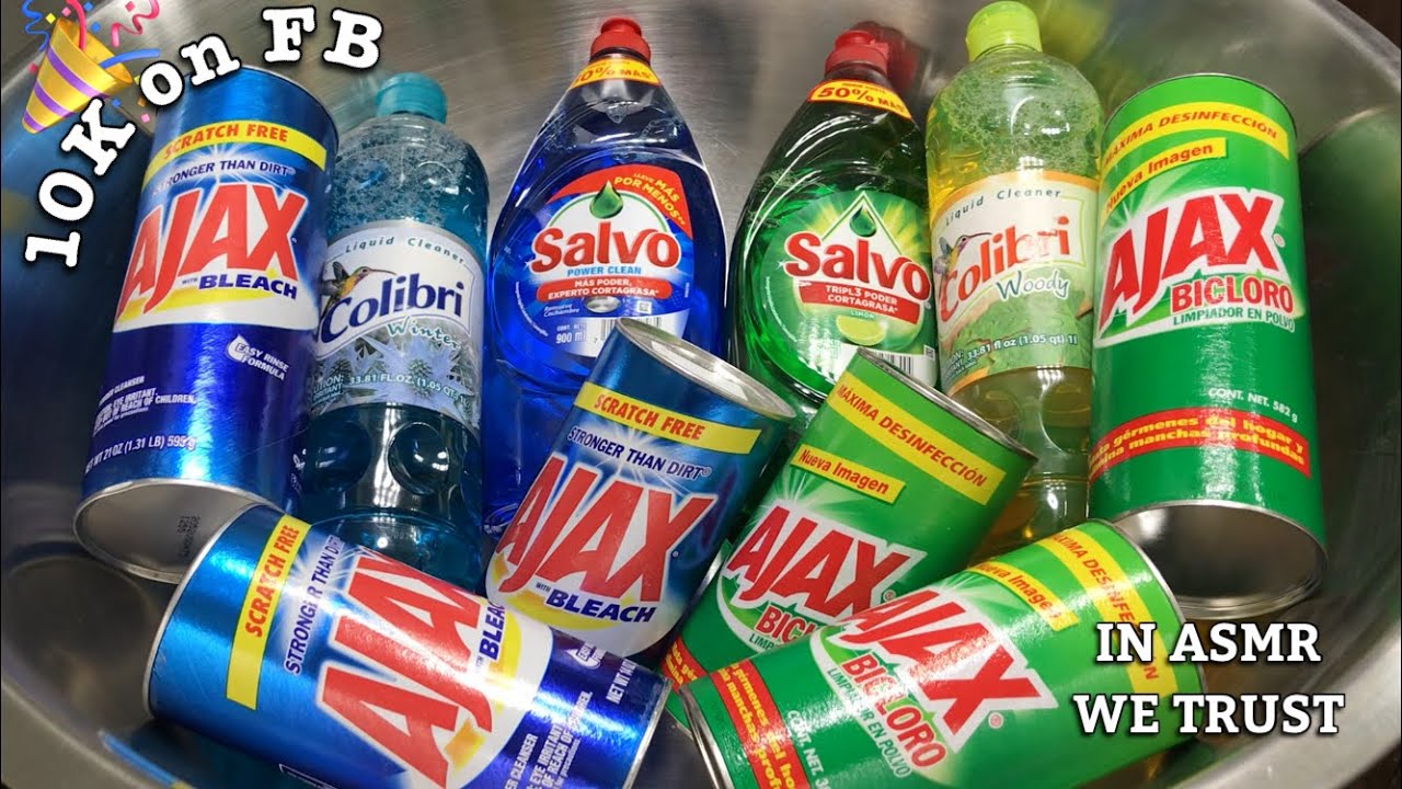 ASMR 💚Green vs Blue Ajax💙 6 Cans, Colibri Liquid Cleaner, & Salvo Detergent Soap