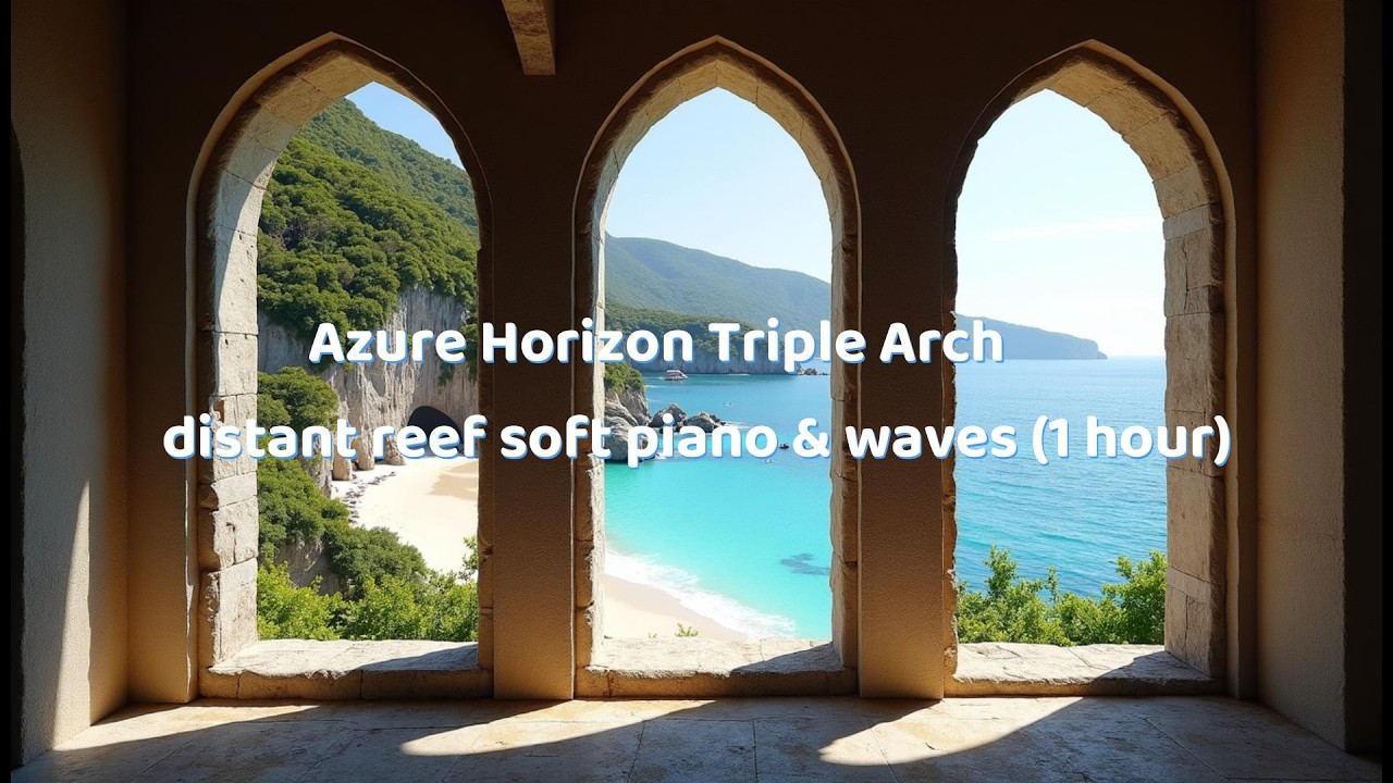 Azure Horizon Triple Arch — distant reef soft piano & waves (1 hour)