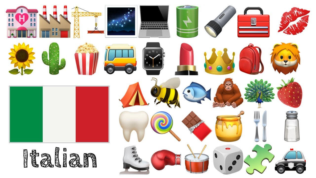 Выучите 400 слов - Итальянский  + Emoji -  🌻🌵🍿🚌⌚️💄👑🎒🦁🌹🥕⚽🧸🎁
