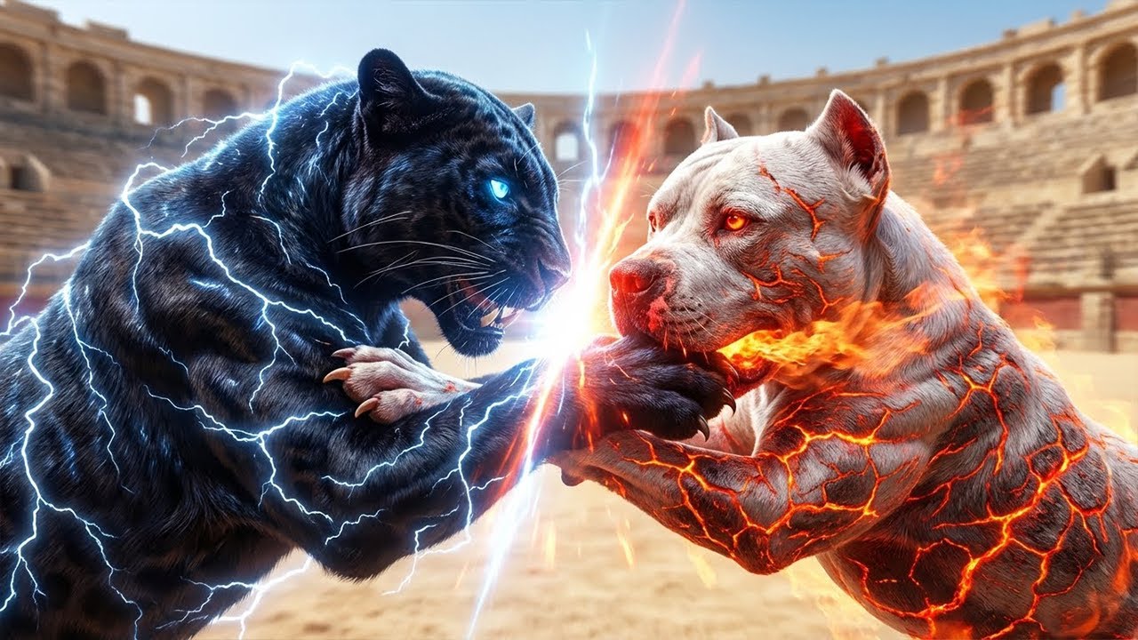 Unleashed Fury: Thunder Panther Clashes with Gigantic Pitbull in a Wild Animal War! 🐆☠️🐶