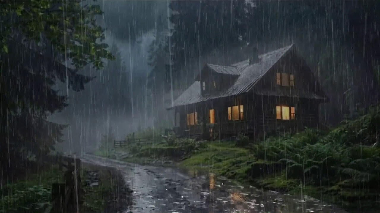 Heavy Rain on the Wooden Porch by the Lake, Bonfire and Thunderstorm Sounds To Helps Reduce stress