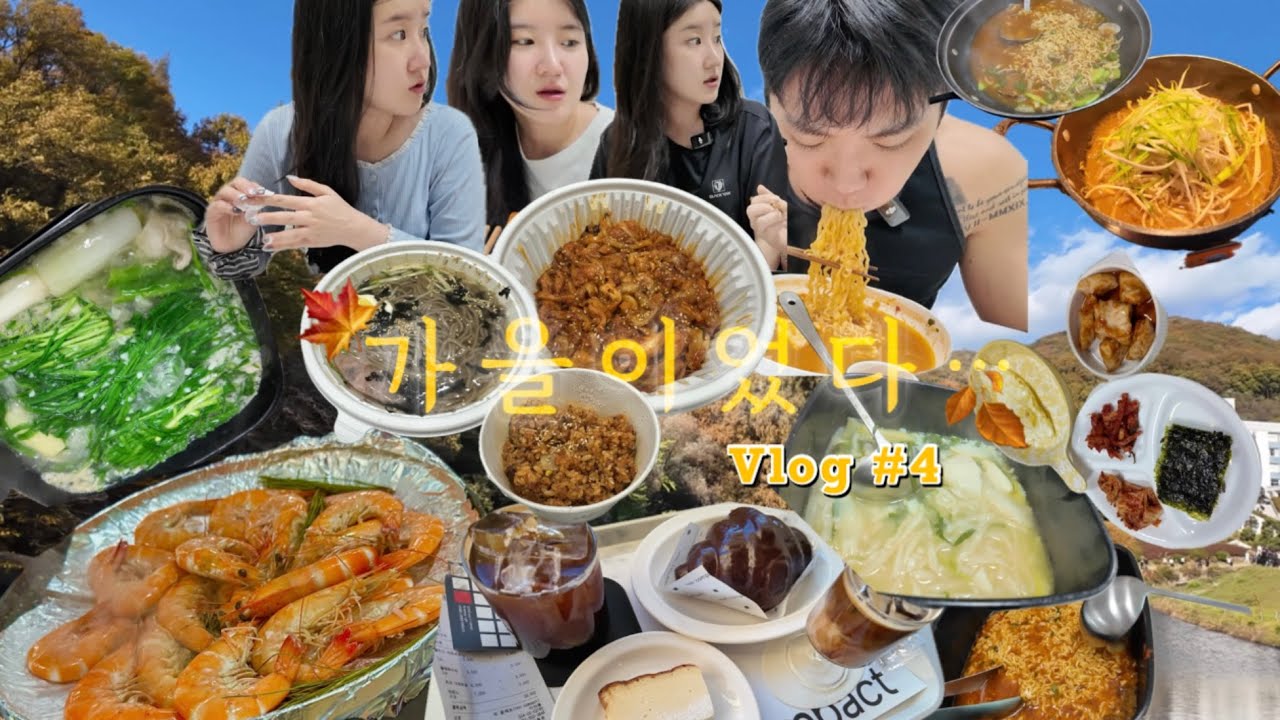 먹방vlog|•먹는게 세상 제일 행복한 아가리어터 가을이었다..🍁(대하,닭한마리에칼국수랑죽추가,열라면,꼬기다,닭갈비,물막국수,볶음밥 간장계란밥,한국외대단풍)