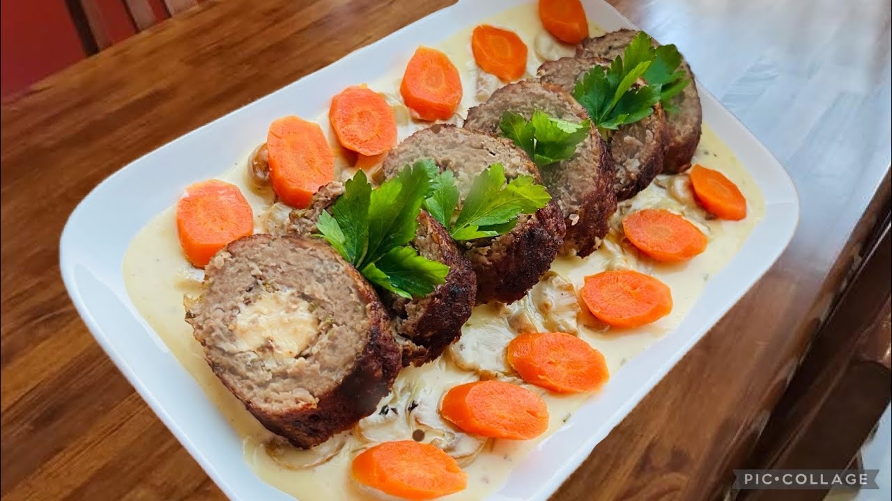 رولي لحم مفروم محشي بالجبن بطريقة تخليه طري يذوب فالفم مع صلصة الكريمية اللذيذة