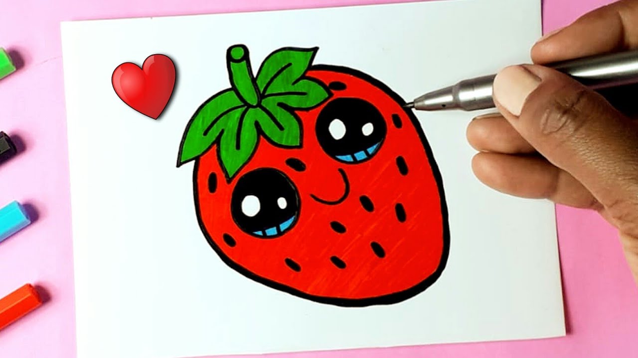 Como desenhar fruta Morango fofo KAWAII ❤ Desenhos Bonitos - Desenho para Desenhar