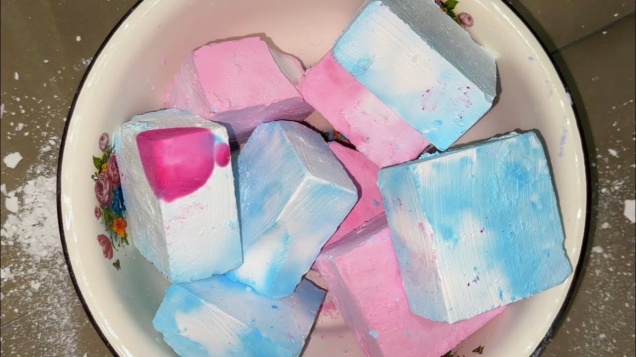 Satisfying ASMR: Crushing Soft Marbled Chalk Blocks - Colorful Crumble for Stress Relief.