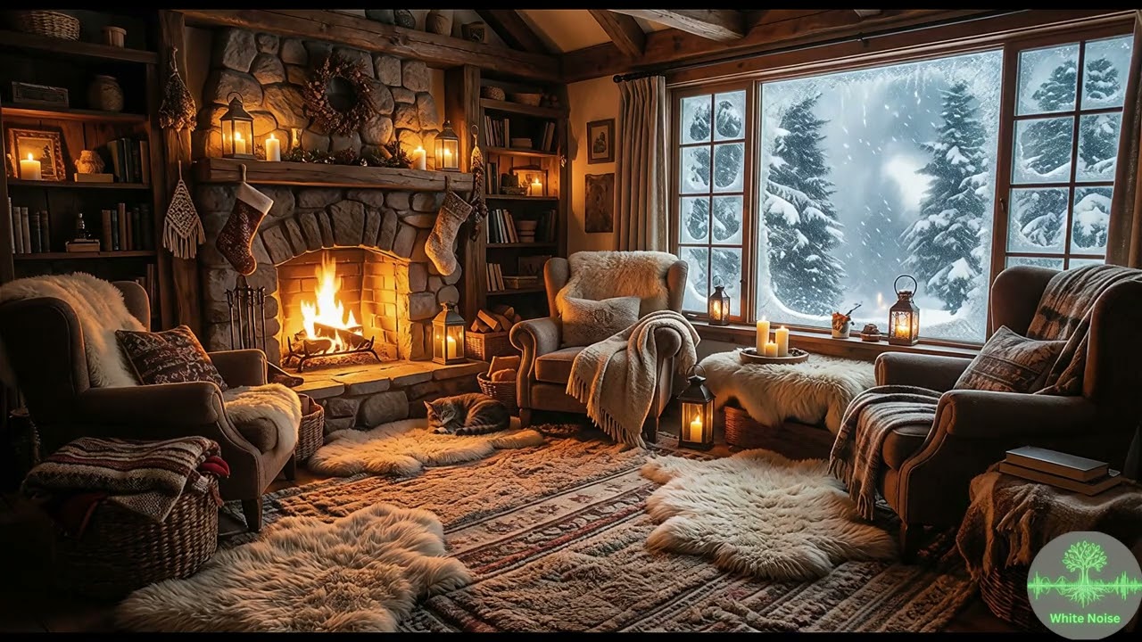 Cozy Winter Cabin: Crackling Fireplace & Blizzard Sounds for Deep Sleep