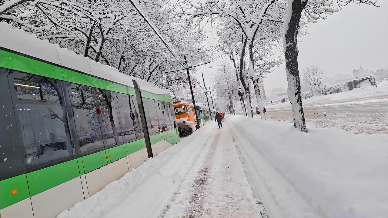 Tramvaie blocate, după ninsoarea din București