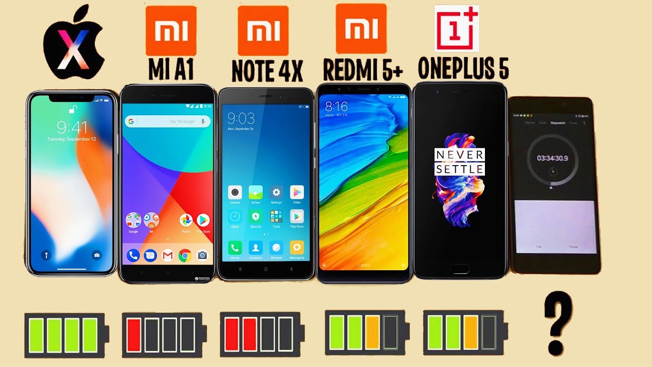 WHO LAST LONGER? iPhone X vs Xiaomi redmi 5 plus, note 4X, MI A1 vs ONEPLUS 5?