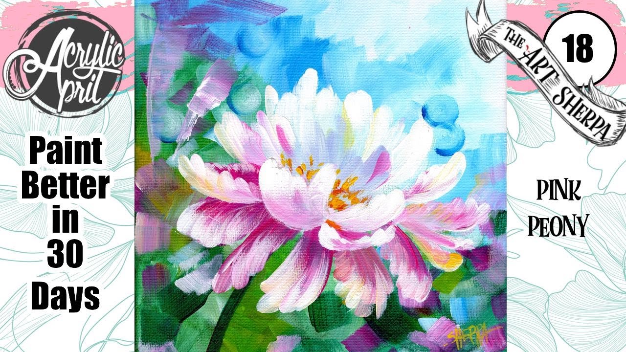 Свободный розовый пион 🌺🌸🌼 Простой урок по акриловой живописи, пошаговый урок, день 18 #AcrylicAp...