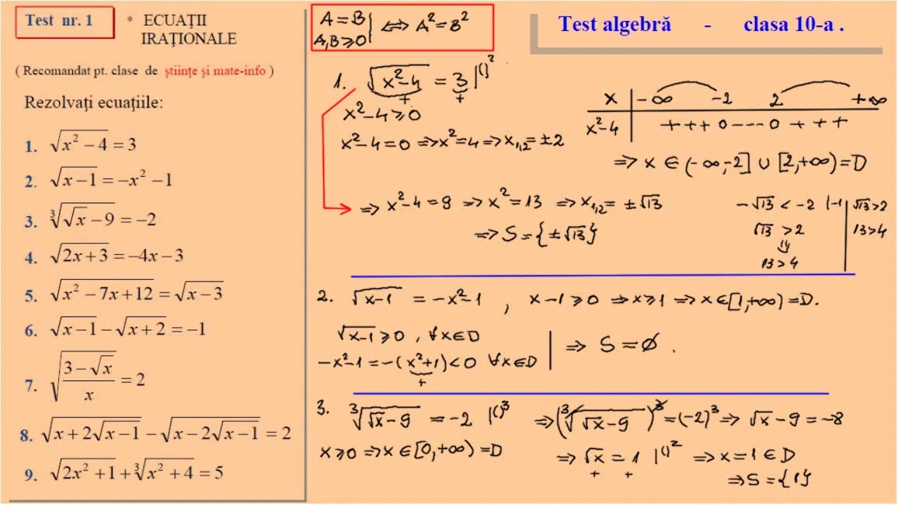Ecuatii irationale - test de evaluare, clasa a X-a (Stiinte si Mate-info)