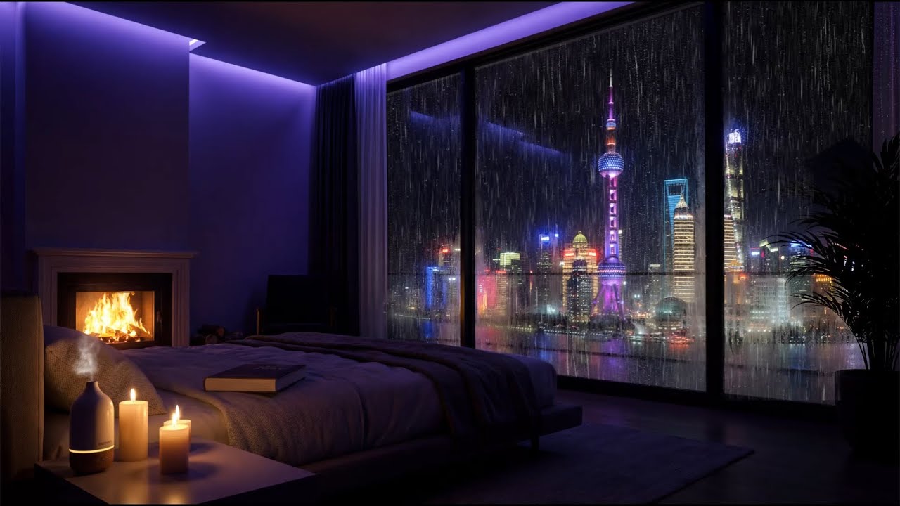 Cozy Fireplace & Pouring Rain Sounds (Shanghai) – Beat Insomnia with City Rain ASMR