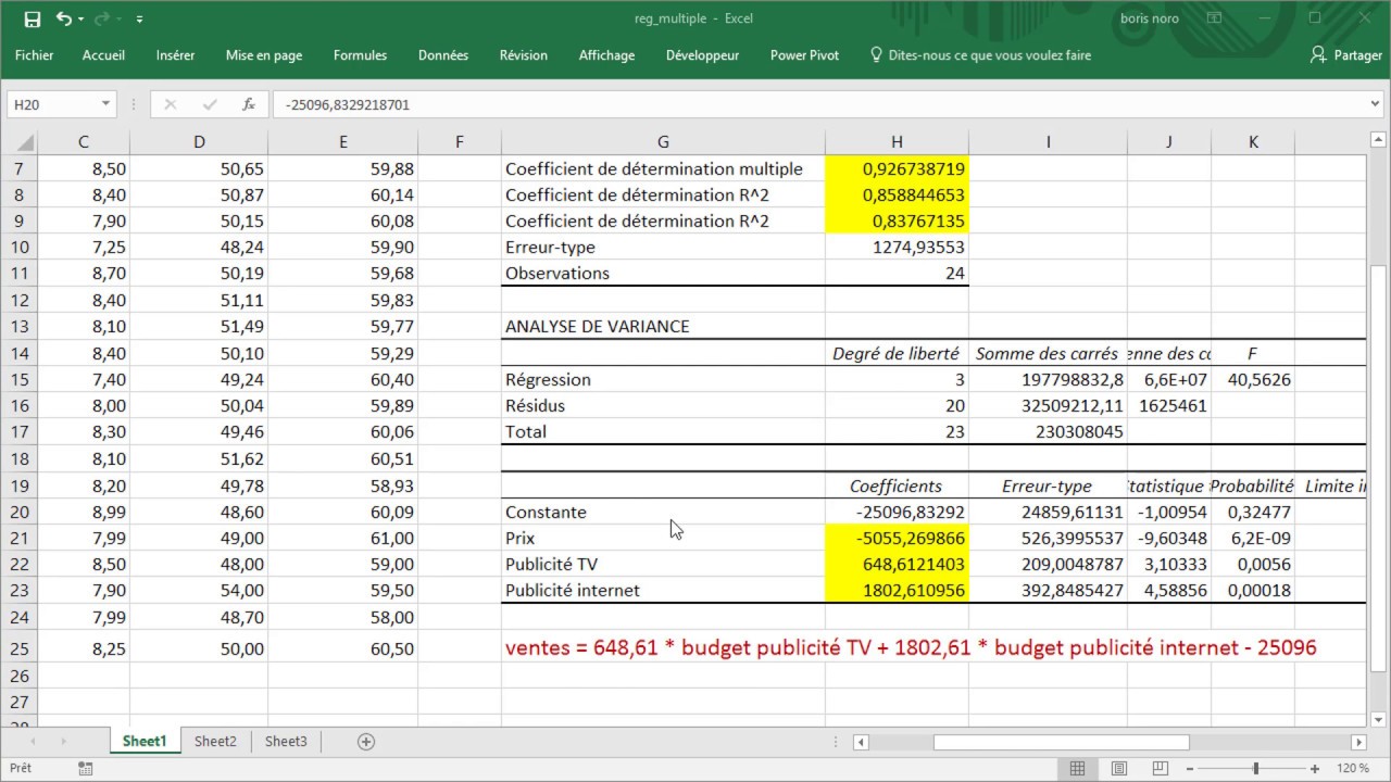 Analyse de données : la régression linéaire multiple avec Excel