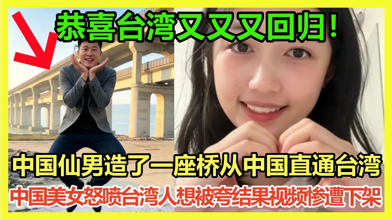 中国美女小粉红怒喷台湾人想被夸奖结果视频惨遭全网下架，中国仙男造了一座公铁两用大桥帮助中国高铁直通台湾，台湾网友：差点被割韭菜，小粉红的想象力太丰富了，恭喜台湾回归