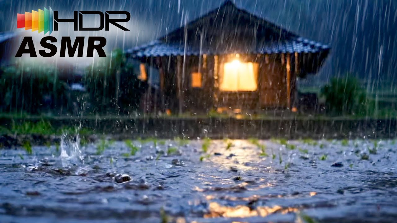 Low Angle Heavy Rain at Ground Level | Close-Up Night Village Ambience