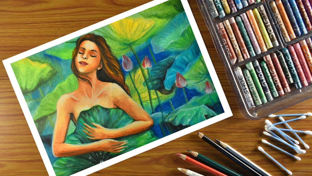 Oil pastel drawing step by step / girl with lotus leaf  pastel drawing / girl with nature oil pastel