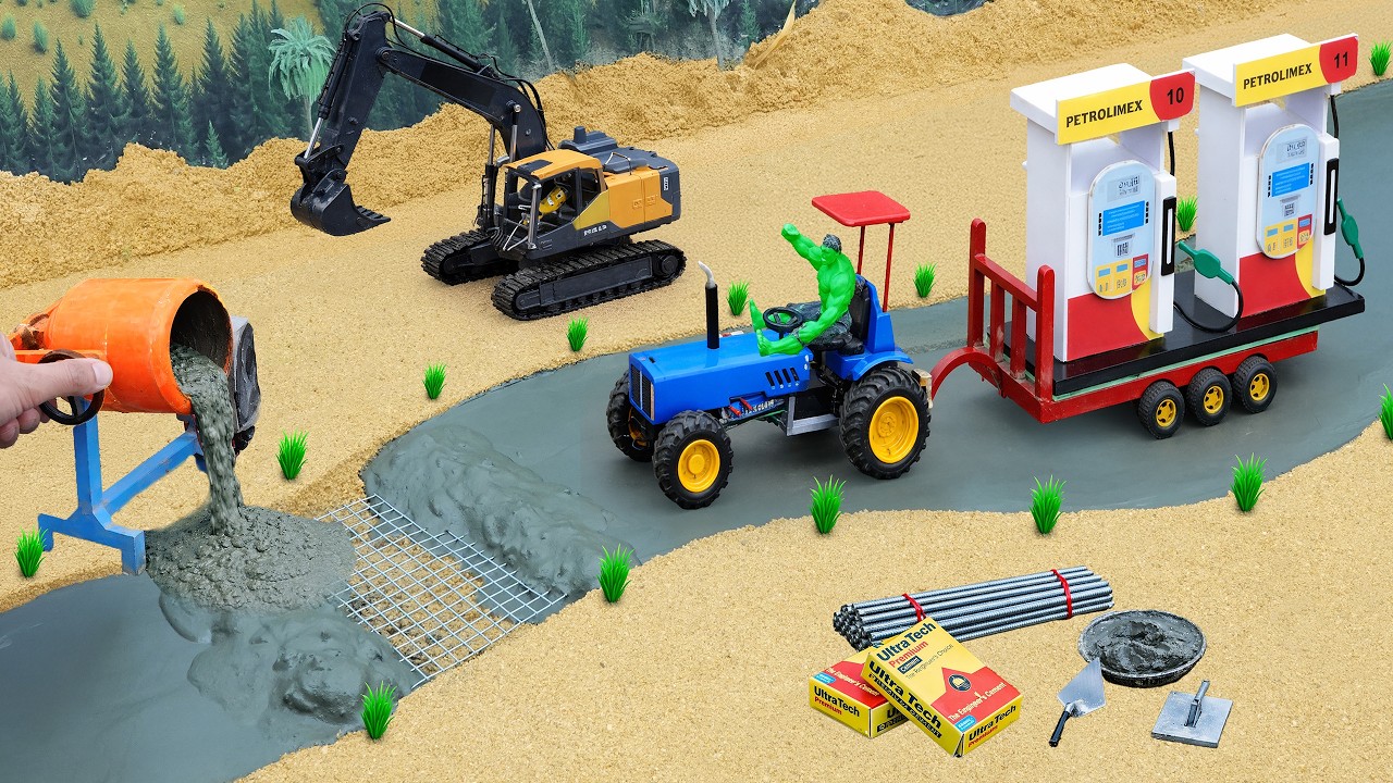 DIY Machinery Builds a Mini Concrete Road and Mobile Fuel Station Using Tractor Construction Project