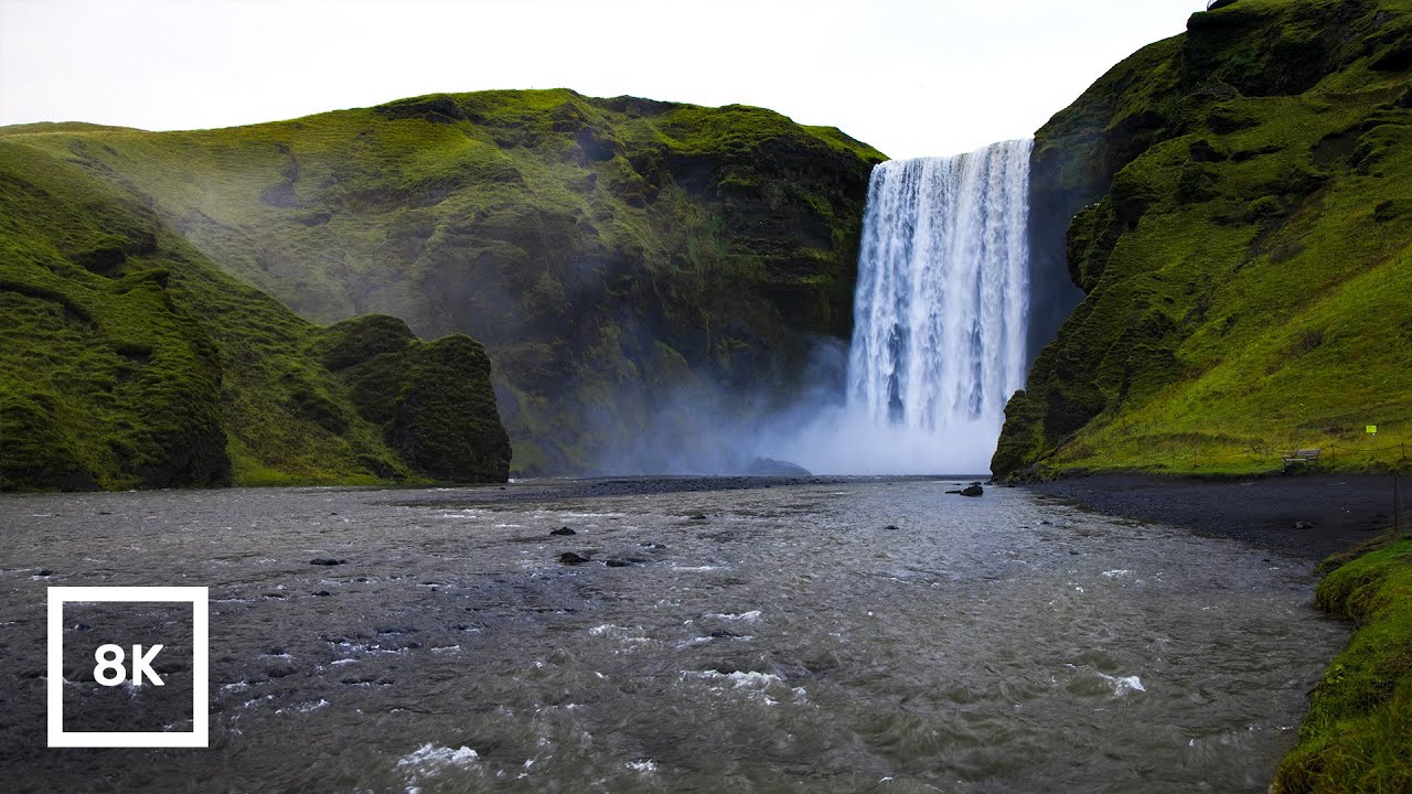 8K HDR Skógafoss Waterfall & Skóga River, Iceland | Relaxing Water & River  Sounds | White Noise