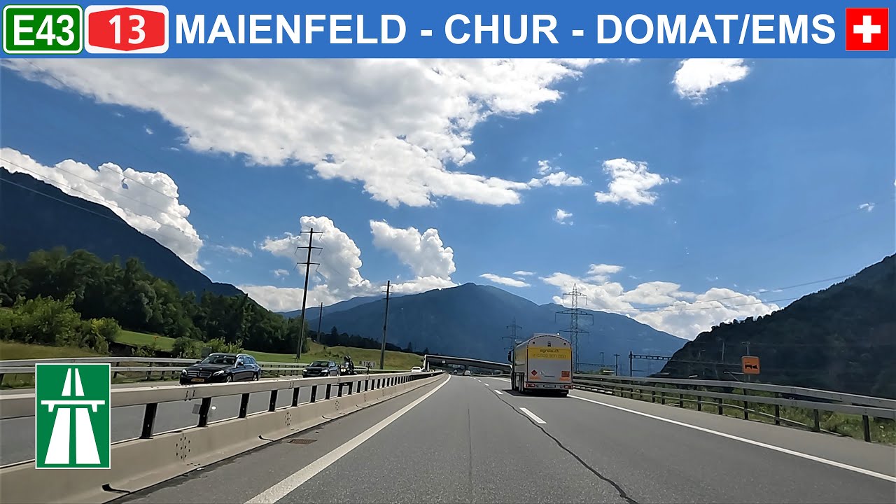 Driving in Switzerland. Maienfeld - Chur - Domat/Ems, Highway E43 / A13. 4K