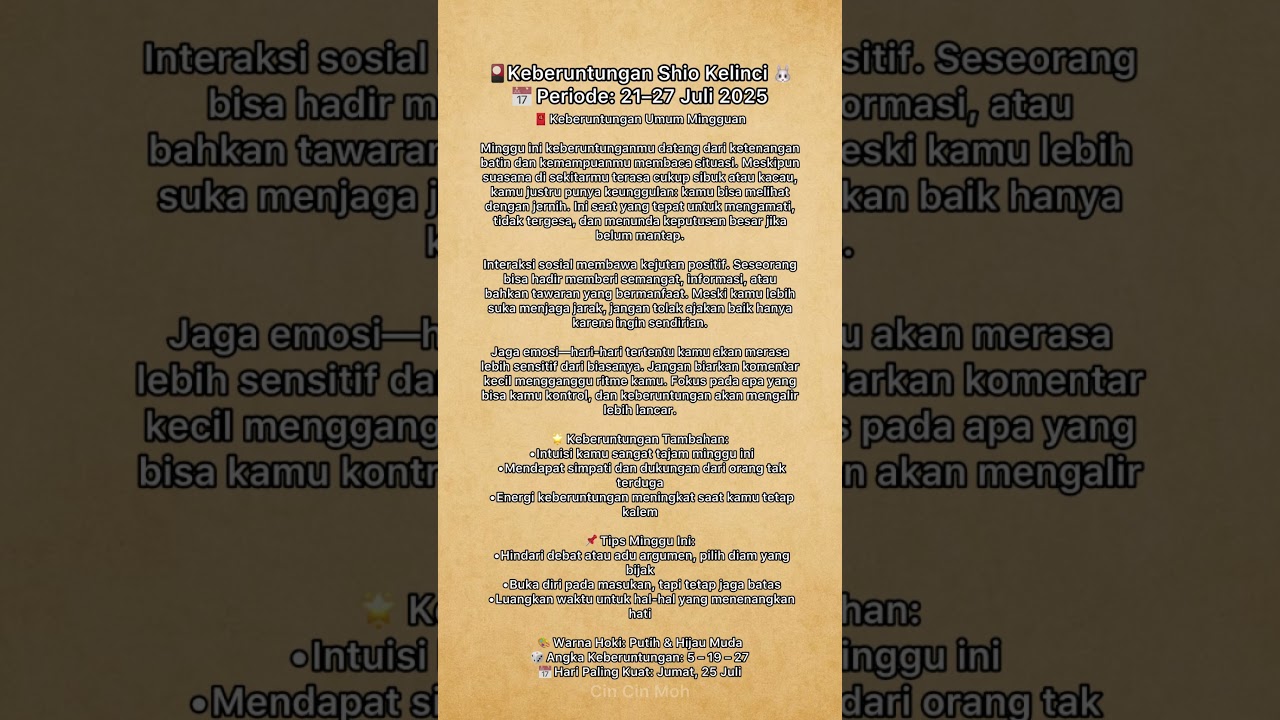 Shio Kelinci Minggu Ini: Tenang Tapi Tajam! 🐰💫 (21&ndash;27 Juli 2025) #kelinci #shiokelinci #ytshorts