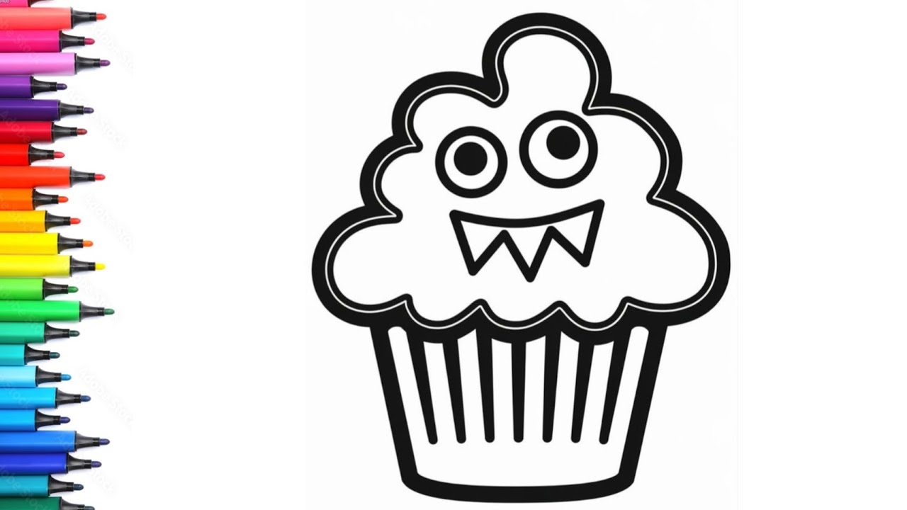 Cupcake with a Monster Face Drawing, Painting & Colouring for Kids and Toddlers 🎨🧁👾