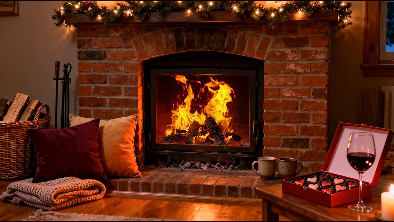 Romantic Valentine Fireplace Ambience ❤️ Crackling Fire, Candles, Soft Light and Cozy Evening Mood