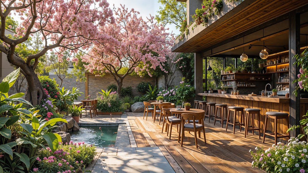 Relaxing Jazz in a Blooming Café 🌸 Soft Jazz Piano Music and Nature Sounds for Peaceful Mornings