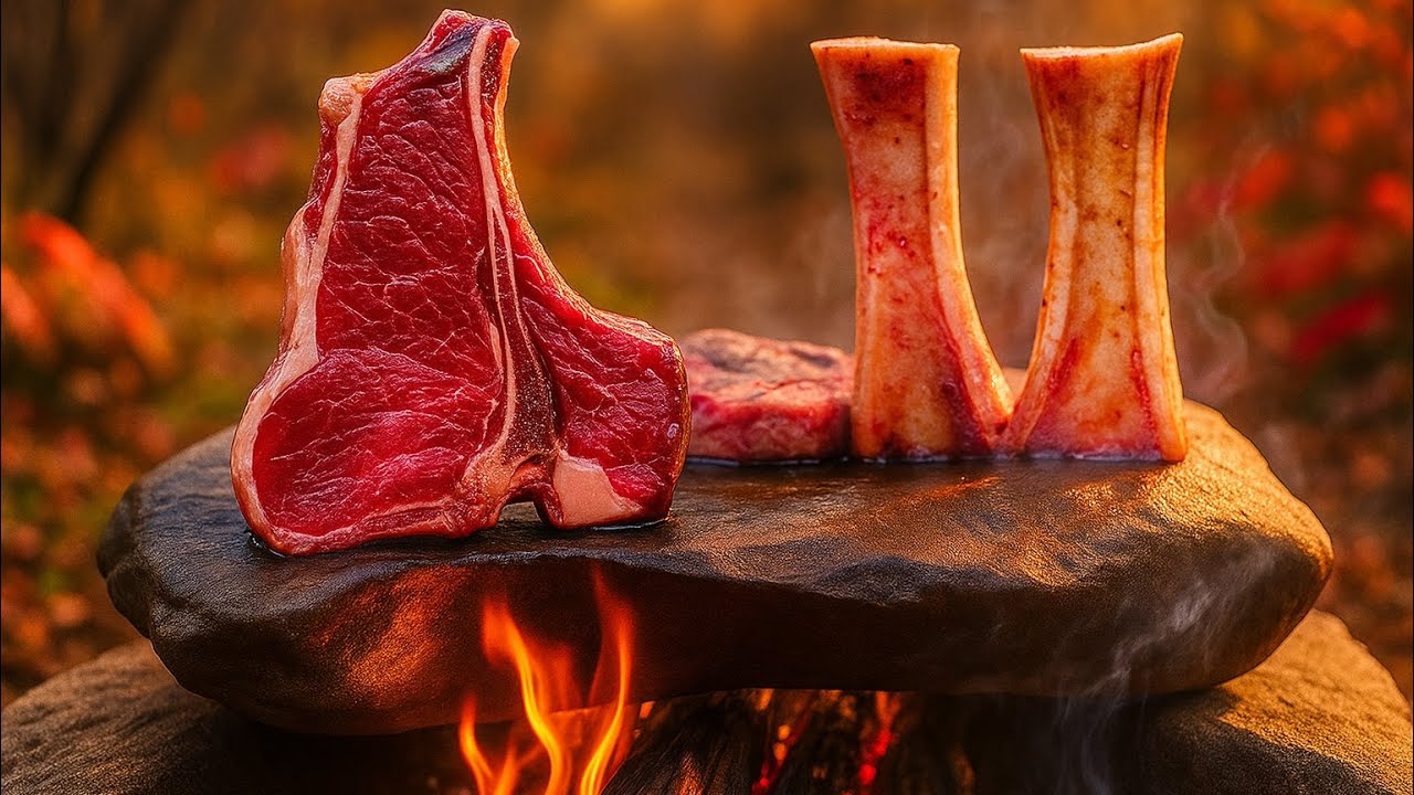 Cooking Steak | The Most Beautiful Raw T-Bone on Hot Rock Over Fire 🔥