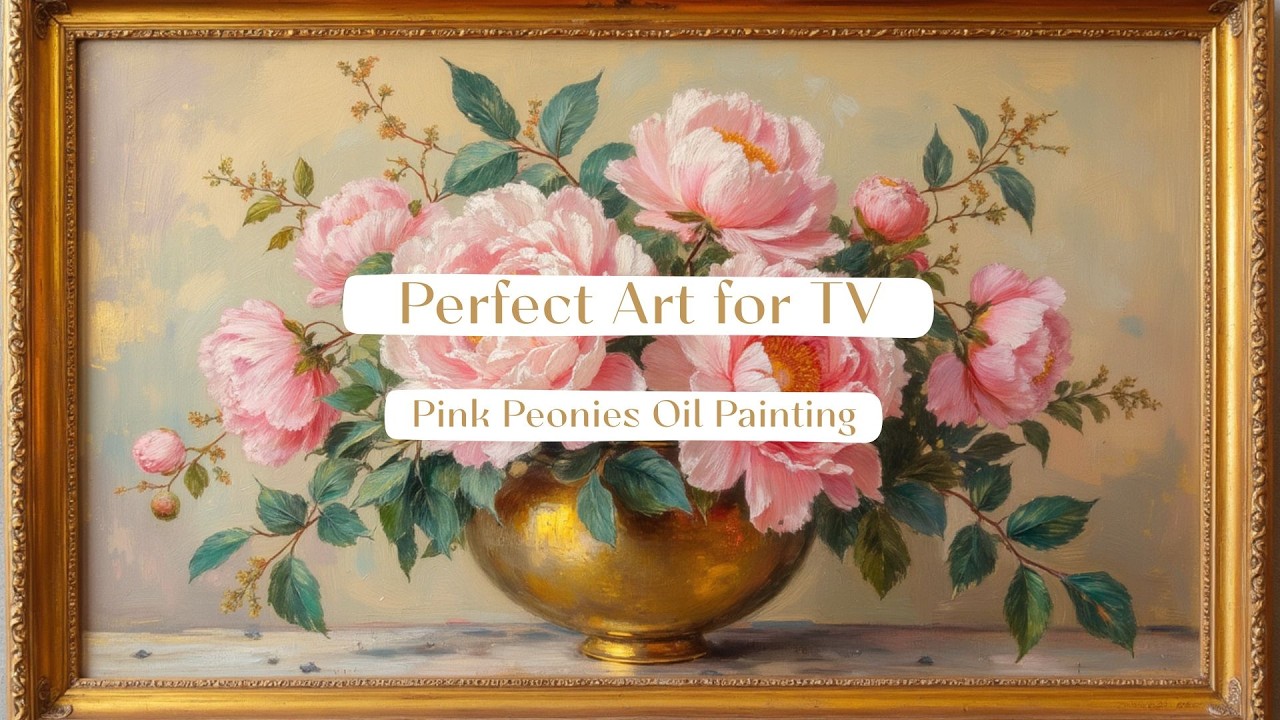 Pink Peonies Painting | Floral Oil Painting, art for your tv | Framed TV Art Screensaver