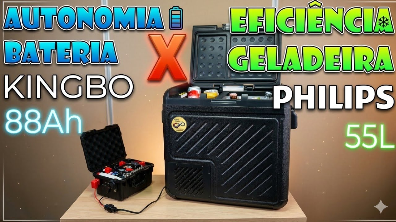 AUTONOMIA BATERIA LIFEPO4 KINGBO 88AH COM GELADEIRA PHILIPS DUAL ZONE 55L