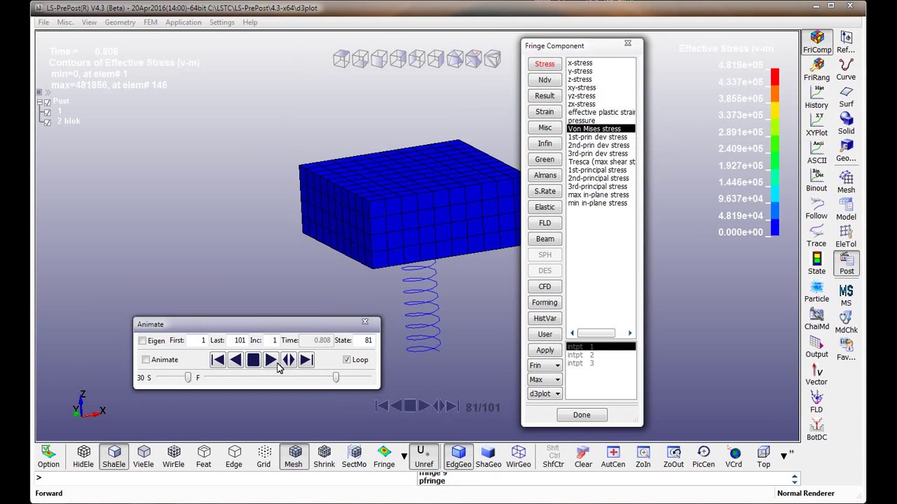 Simulation of a block on a spring in LS-DYNA (spring is in the form beam). Video tutorial (full)