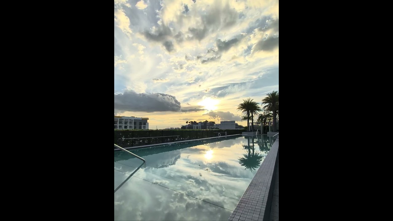 Miami Rooftop Pool & Palm Trees Sunset Sky Reflection | Ambient 4K with Birds and Airplanes
