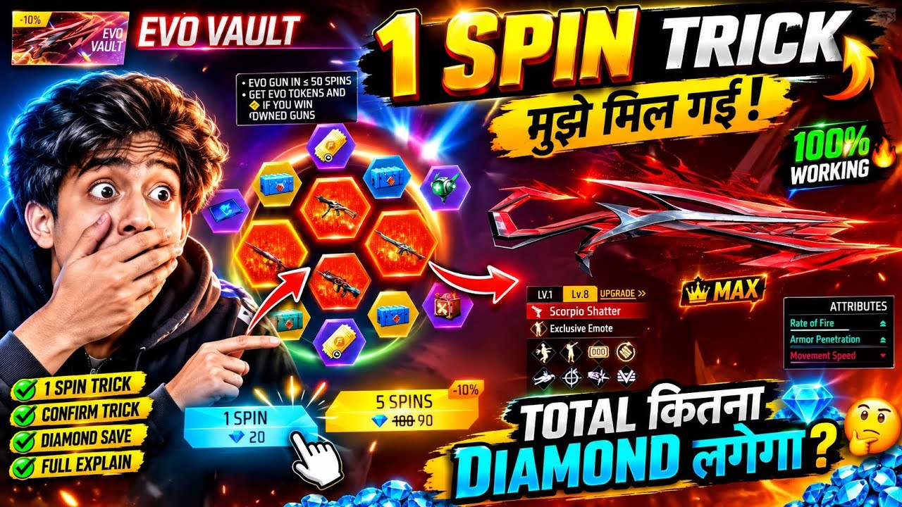 New M1014 Evo Skin 1 Spin Trick🥳 - Evo vault में कितना DIAMOND लगेगा? -Free Fire New Evo Vault Event