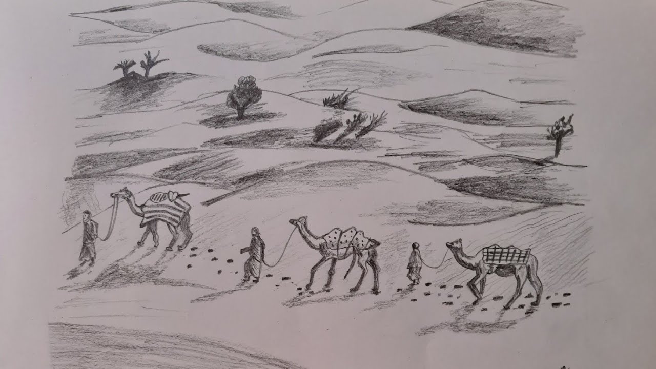 A Caravan in the Desert - How to draw a desert landscape - Camel Train - Pencil Shading Step by Step