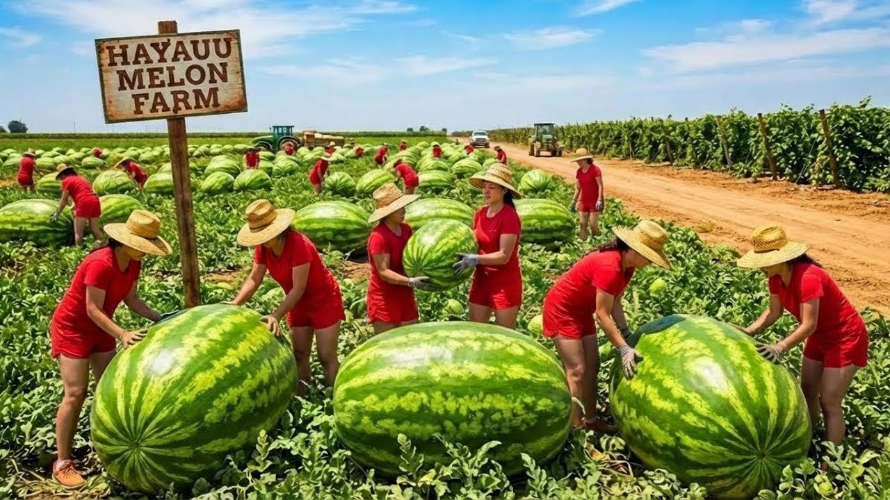 Inside the 5,000 Ton Giant Watermelon Farm &ndash; The SATISFYING Harvesting of Mega Green Fruit