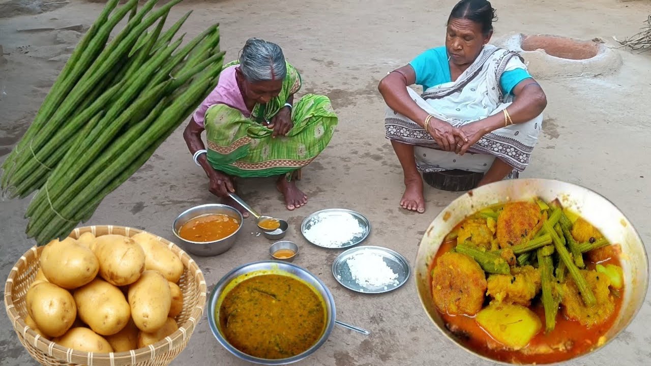 SAJNE DATA CURRY with POTATO And MUSOOR DAL recipe cooking &eating by our grandma||rural life India