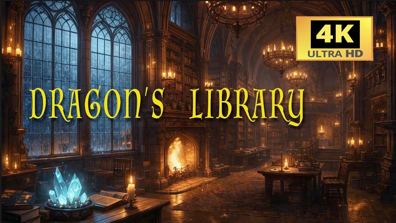 The Dragon's Library Ambience 🔥Real Fire & Rain Sounds | 4K Ultra HD | Deep Focus & Sleep | 8 Hours