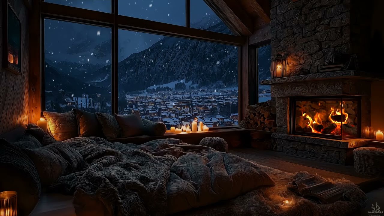 A Dark and Peaceful Night Filled with Wind Sounds and a Soft Crackling Fireplace