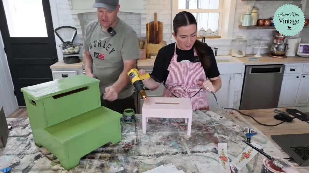 Cottage Style Thrifted Stool Makeover For Resell - Raised Stencil & IOD Paint Inlay